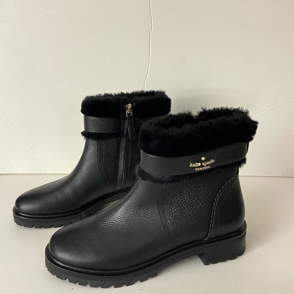 NEW Kate spade Bailee black leather faux fur trim booties 6 - Picture 4 of 8